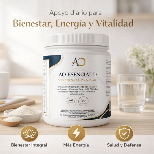 AO Esencial D (Día). Colágeno + Creatina + NMN + Shiitake + Mg + vitaminas y otros nutrientes seleccionados