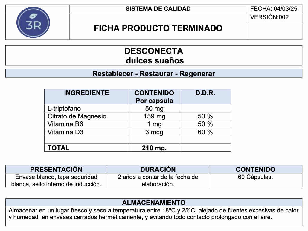 Desconecta 60 capsulas 3R (Magnesio, Triptofano, Vit D y Vit B6)