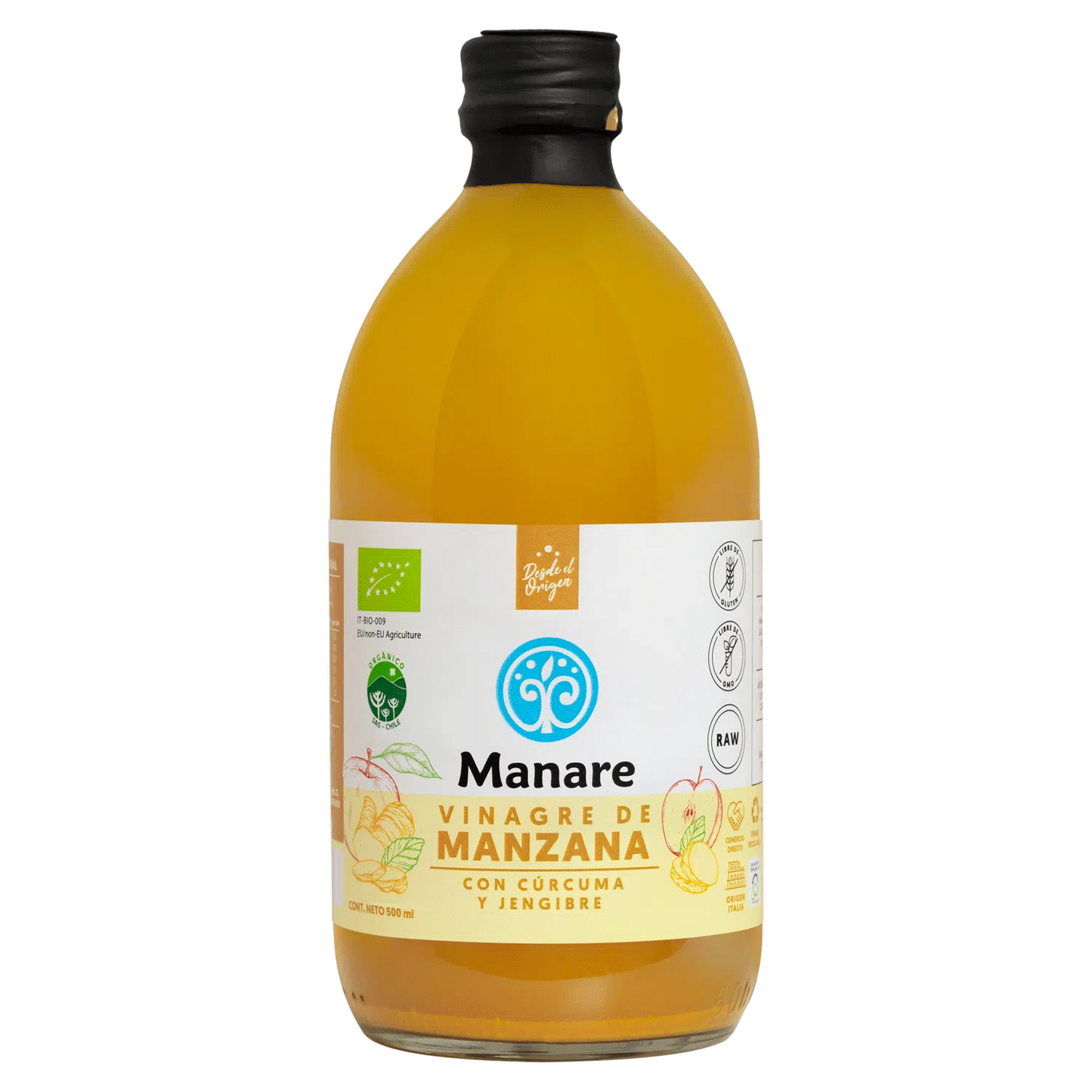 Vinagre de manzana con jengibre y cúrcuma orgánico 500ml manare