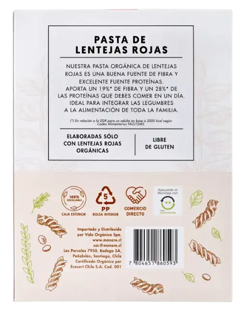 Espirales o pasta de lentejas rojas orgánicas 250grs
