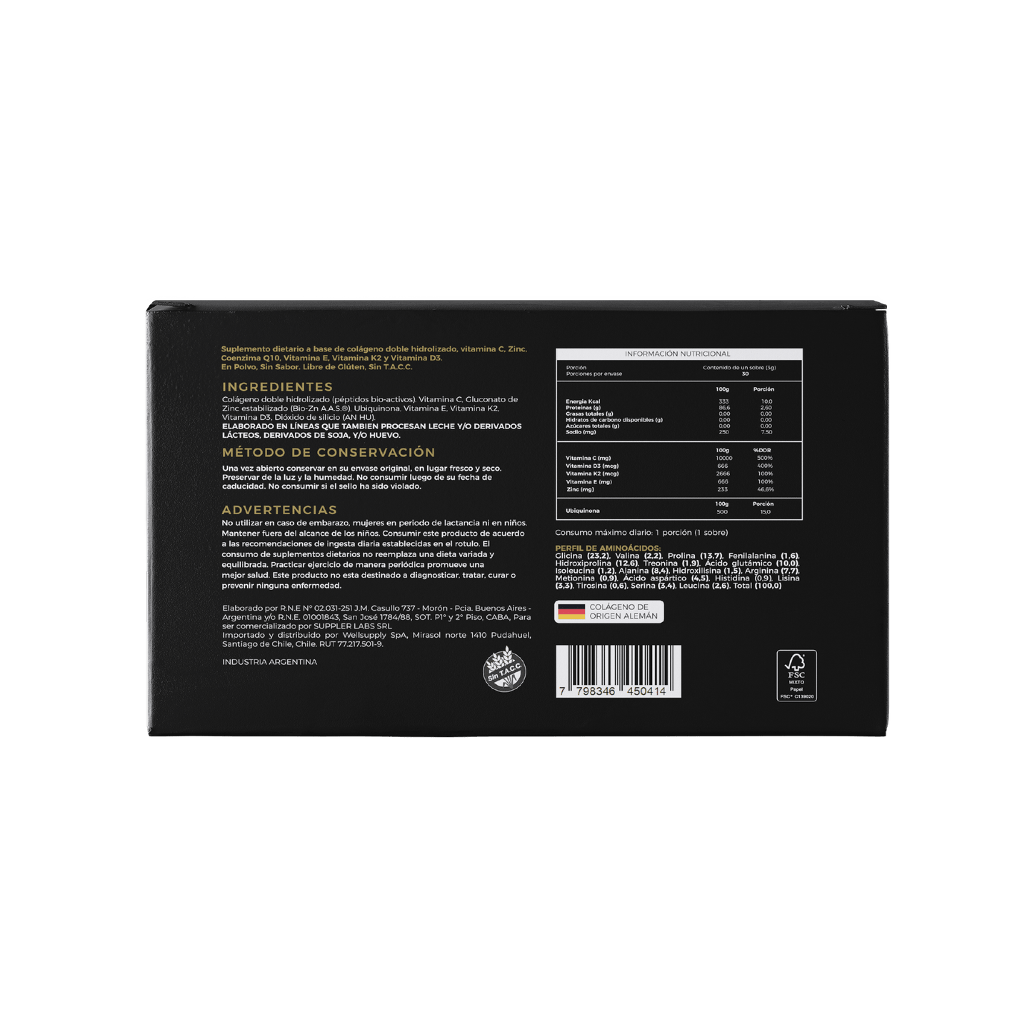 Colágeno profesional (negro) Giovegen, Peptidos + Zinc + Q10 + Vitaminas C-D-K-E