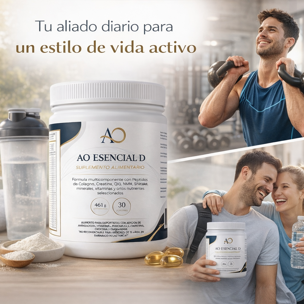 AO Esencial D (Día). Colágeno + Creatina + NMN + Shiitake + Mg + vitaminas y otros nutrientes seleccionados