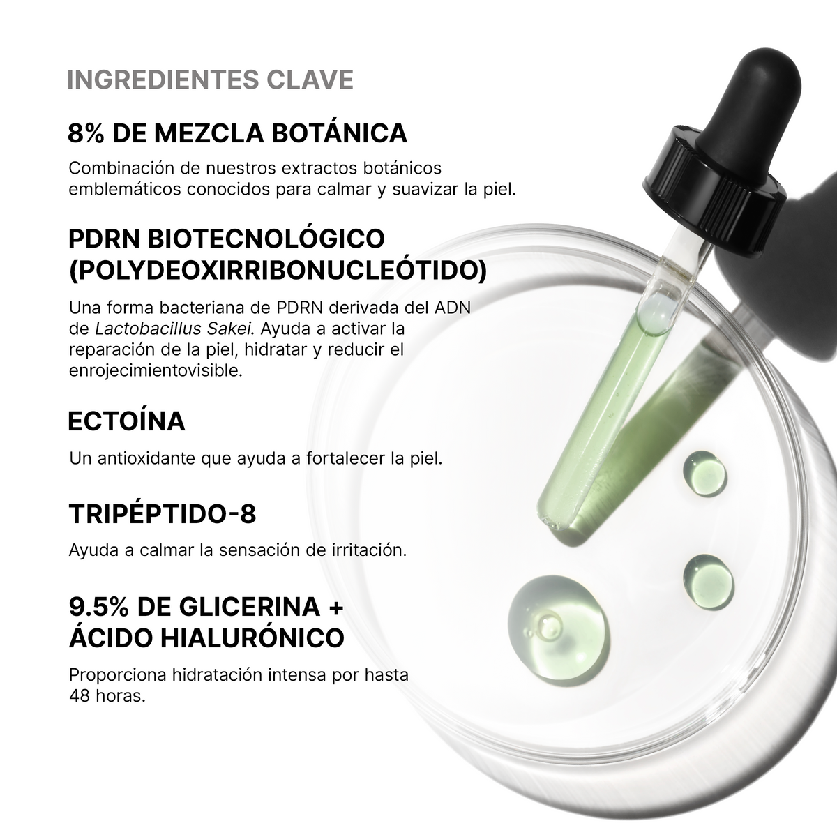 Ingredientes clave de Phyto Corrective PDRN Serum: PDRN biotecnológico, complejo botánico al 8% y Tripeptide-8
