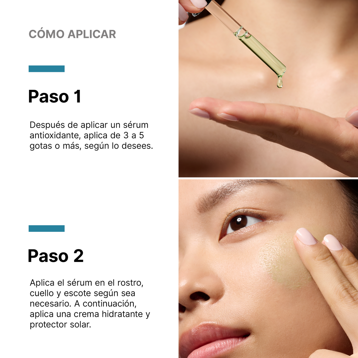Cómo se aplica Phyto Corrective PDRN Serum: 3 a 5 gotas en rostro, cuello y escote