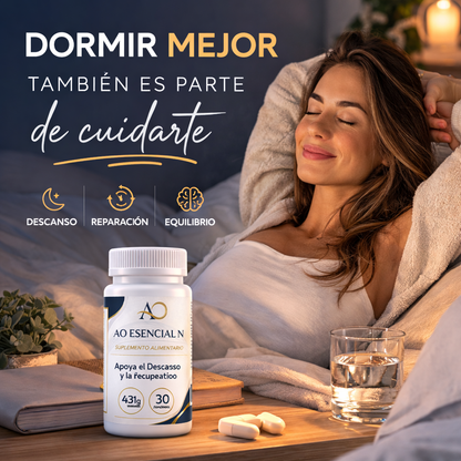 AO esencial N (Noche). Myo inositol, treonato de magnesio, L triptofano, melena de leon, zinc, vit B6 y D.