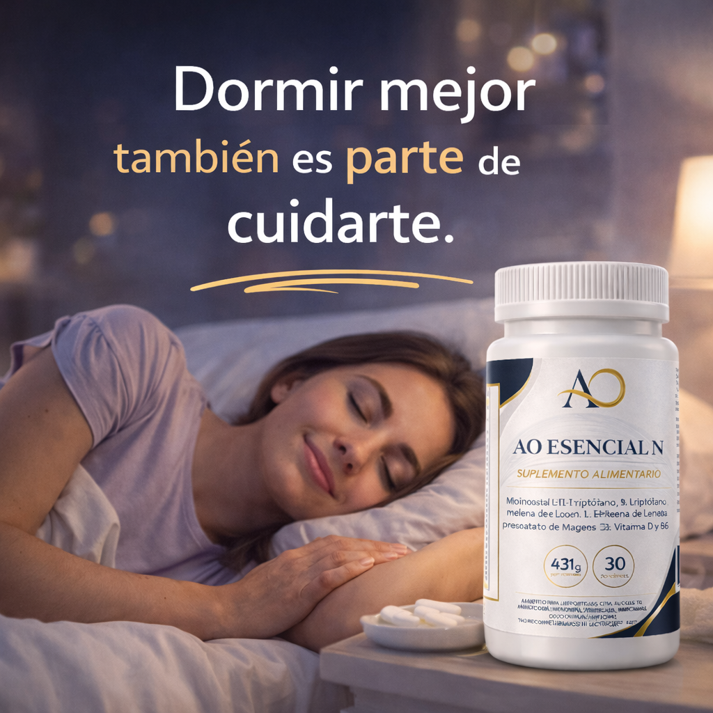 AO esencial N (Noche). Myo inositol, treonato de magnesio, L triptofano, melena de leon, zinc, vit B6 y D.