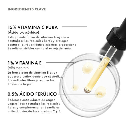Ingredientes clave de C E Ferulic: 15% de vitamina C pura, 1% de vitamina E y 0,5% de ácido ferúlico