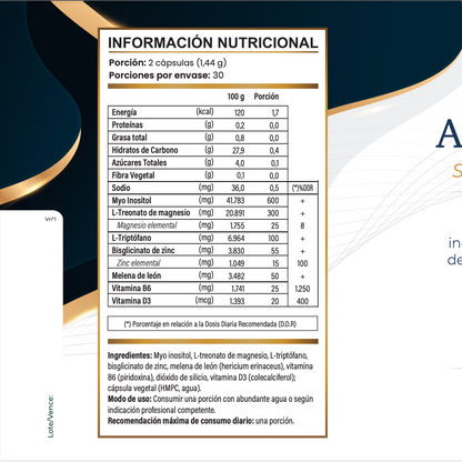 AO esencial N (Noche). Myo inositol, treonato de magnesio, L triptofano, melena de leon, zinc, vit B6 y D.