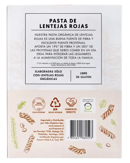Espirales o pasta de lentejas rojas orgánicas 250grs