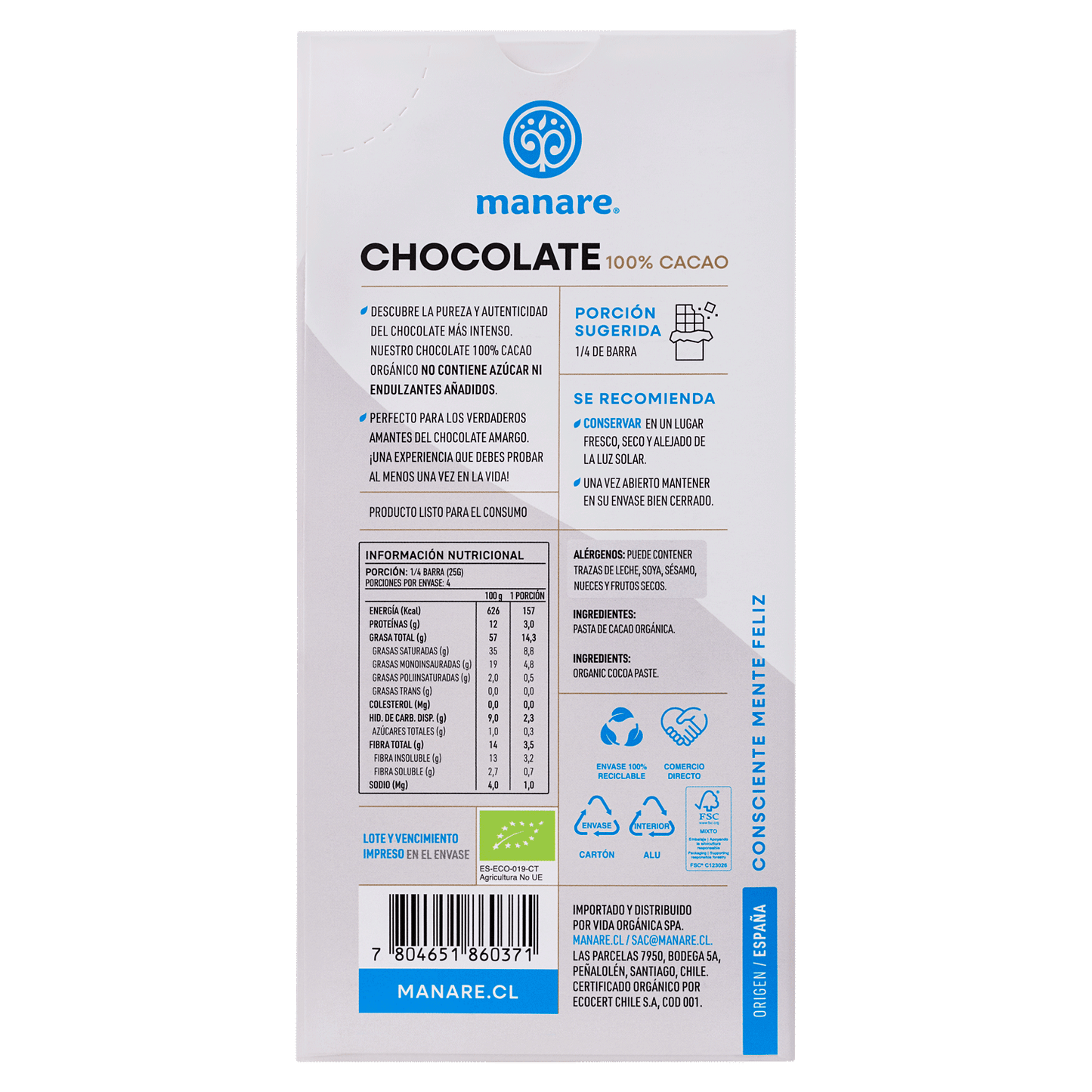 Chocolate 100% cacao Manaré