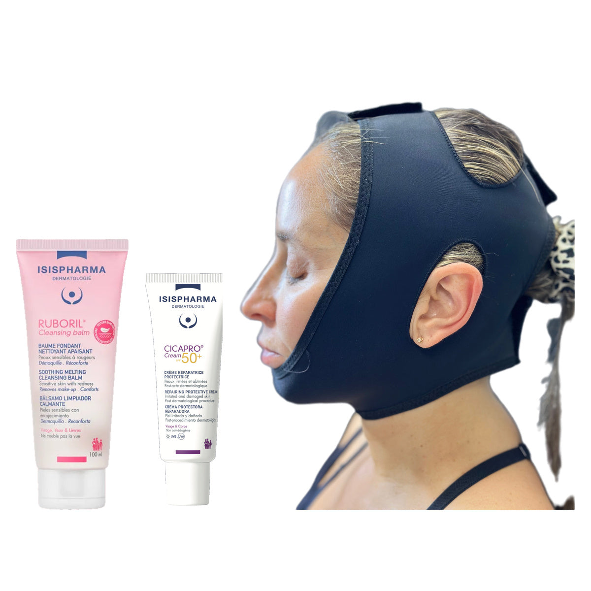 Paquete Lifting Facial: mentonera postoperatoria, Ruboril Cleansing Balm y Cicapro Cream SPF 50+