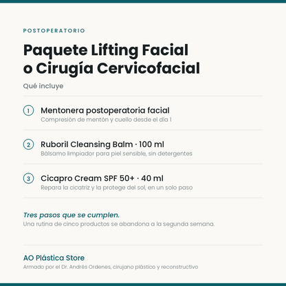 Qué incluye el Paquete Lifting Facial: mentonera, Ruboril Cleansing Balm y Cicapro Cream SPF 50+