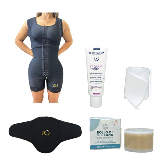 Paquete abdominoplastia compresión alta: faja sin brasier, espuma, tabla mariposa, rollo de silicona y Keloplast | AO