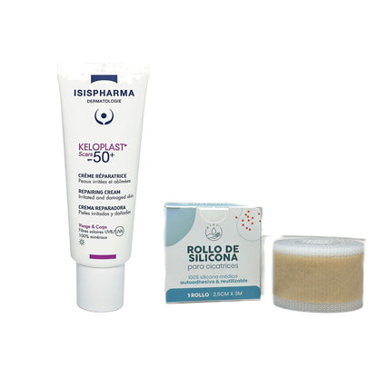 Paquete cuidado de cicatrices: crema Keloplast FPS 50+ y rollo de silicona médica 2,5 cm x 3 m | AO